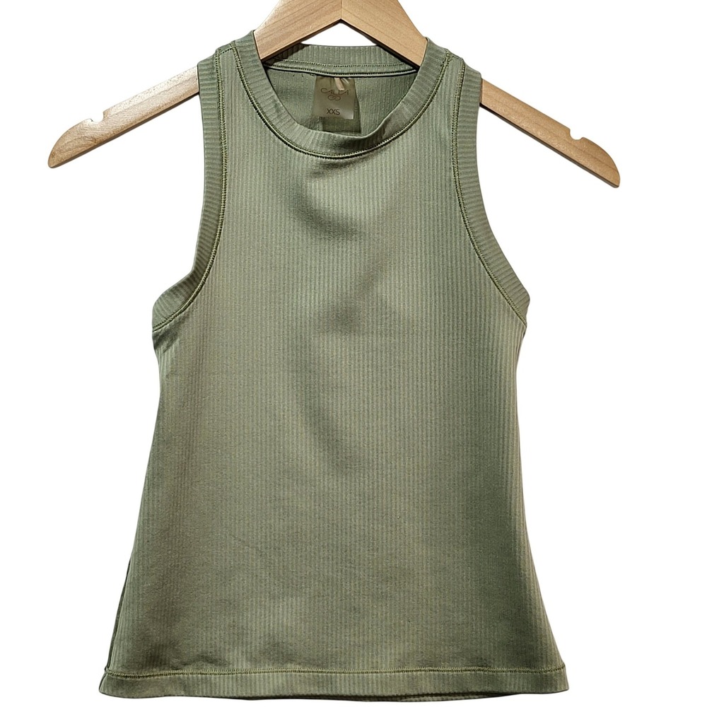Calia Womens XXS Ribbed High Neck Racerback‎ Tank Top Sage Green WAX11233